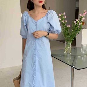 Manches courtes Casual Girls Lady OL Party Holiday V-Col V Vintage Solid All Match Femme Chic Robes longues Robes 210525