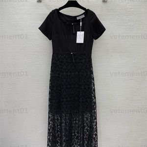 Diseñadores Vestido de manga corta Tallas grandes Ropa para mujer Tela hueca de encaje Decoración de arco Cuello cuadrado Cintura Vestido de manga corta delgado Vestidos de banquete Vestido largo