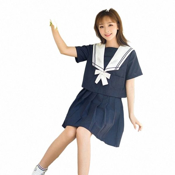Manches courtes Uniforme scolaire Fille Sailor Dr Navy Blue Jupe plissée Uniformes Costumes japonais coréens pour fille Ensembles complets 73tg #