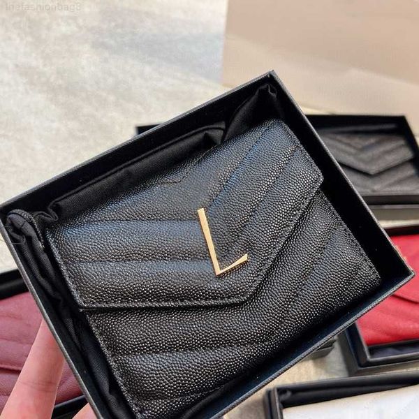 Portefeuille carré court 8 couleurs mode femmes portefeuilles pochette sacs à main petit porte-carte en métal lettre V couture Caviar cuir Design boucle