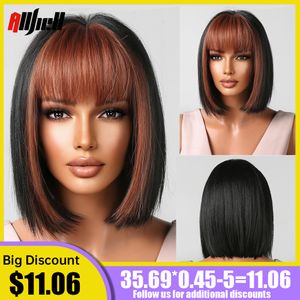 Courte perruque noire droite avec une frange brun rouge pour les femmes Natural Bob Hair Synthetic Highlight Wigs Hather Resistant Cosplay Femmef