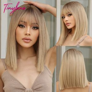 Bob bob raide gris blonde blonde perruques synthétiques avec une frange perruque de cheveux coupés naturels pour les femmes blanches résistantes à la chaleur 240419