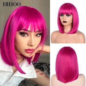 Bob raide courte pour femmes perruques synthétiques marron en blonde ombre naturel faux cheveux rose avec frange 240419