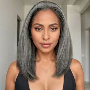 Perruque Lace Frontal Wig naturelle courte et lisse, cheveux humains, blond cendré, gris argenté, 13x4, à reflets, pour femmes