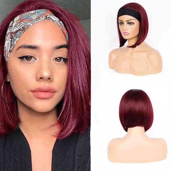 Court Droit Rouge Bob Bandeau Perruques Cheveux Synthétiques Perruque Fibre Résistant À La Chaleur Pour Les Femmes Quotidien Naturel 220525