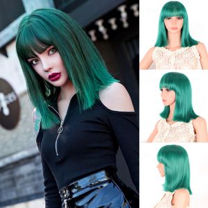 Peluca Bobo sintética recta corta con flequillo flequillo Color verde simulación cabello humano perruques de cheveux humains pelucas Cosplay JS5421