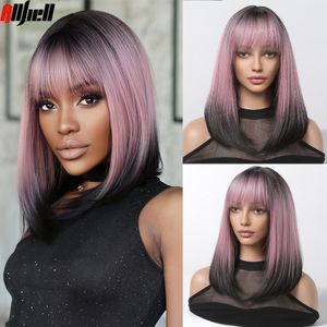 Pelucas sintéticas cortas con flequillo para mujer, peluca recta ombré rosa y negra, peluca de pelo Bob para fiesta de disfraces, resistente al calor, Fakefa