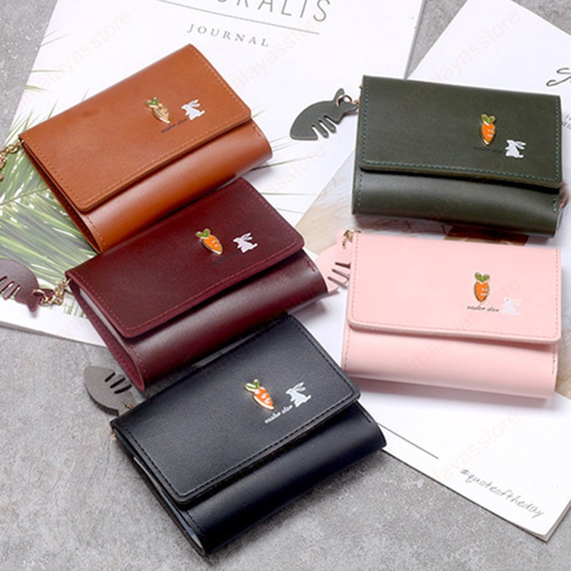 Portefeuille court et fin pour étudiant, porte-monnaie en forme de lapin mignon, motif de dessin animé, Mini portefeuille à trois volets de couleur unie pour femmes
