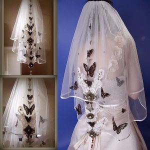 Korte twee lagen bruidssluiers met vlinderapplicaties Zachte tule Ellebooglengte Bruidsaccessoires Op maat gemaakte sluier voor bruiloft Wi233i