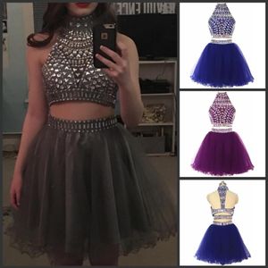 Korte Tweedelige Galajurken 2021 Strass Kristal Kralen Sweet 16 Jurken Halter Junior Puffy Tulle Homecoming Graduation Gowns2293