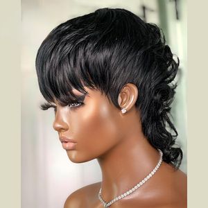 Kort Golvend Menselijk Haar Pruiken Pixie Cut Braziliaans Haar voor Zwarte Vrouwen Geen Full Lace Front Peruaanse Pruik Met pony perruque