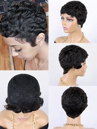 Peluca ondulada corta de corte Pixie con flequillo, pelucas de encaje hechas a máquina de cabello humano de Color degradado para mujeres F-667