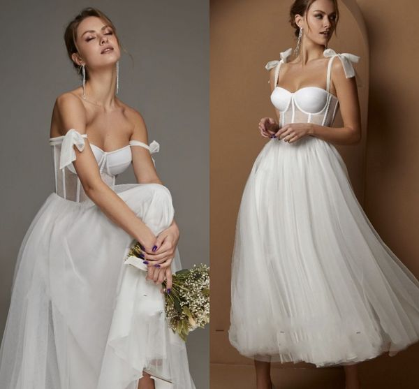 Robe de mariée courte 2023 moderne désossage Spaghetti sangle une ligne thé longueur Tulle blanc robe de mariée vestido de noiva curto
