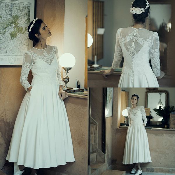 Robes de mariée courtes col bijou manches longues thé longueur appliques robe de mariée en dentelle sur mesure, plus la taille plage robes de mariée