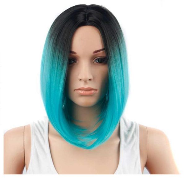 Perruque courte Ombre bleu perruques de cheveux synthétiques pour les femmes noires Bob cheveux raides Cosplay et Halloween costumes3842444