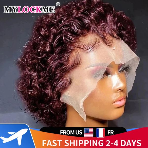 Wig courtes cheveux humains coiffure de cheveux humains perruques 99J Pixie Coup Wig 13x1 Perruque en dentelle transparente Perrues capillaires préparées pour les femmes 240409