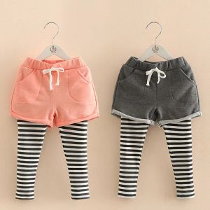 Shorts 2021 Spring herfst Korea 2 3 4 6 8 10 jaar kinderen Pocket Shorts Baby Culottes Lace Rok gestreepte leggings voor babykinderen meisjes