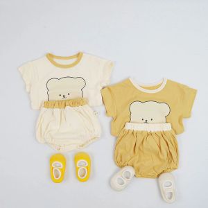 Shorts 2022 Fashion Summer Baby Boys Clothing Sets Cute Cartoon Bear Head Print T -Shirt + PP Shorts 2pcs Toddler Kids Girls Cotton Suit
