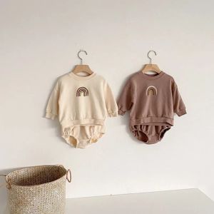 Shorts 2022 Spring d'été Nouveau garçon de sweat-shirt bébé mignon à manches longues Pullover Rainbow Tops + shorts 2pcs Toddler Girls Clothes Suit