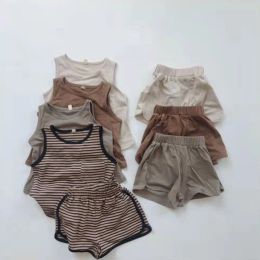 Shorts 2022 Summer Kid Casual Set Baby Boy Striped Sleeve Shevel Vest + Toddler Girl Simple Loose Cotton Shorts Suit Infant Tenues