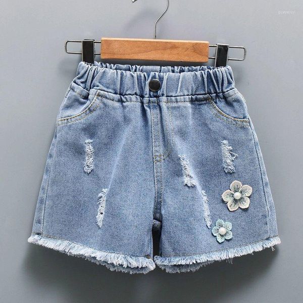 Pantalones cortos 2023 verano niñas Denim adolescente Casual moda niños flores bordado Jean corto para U64