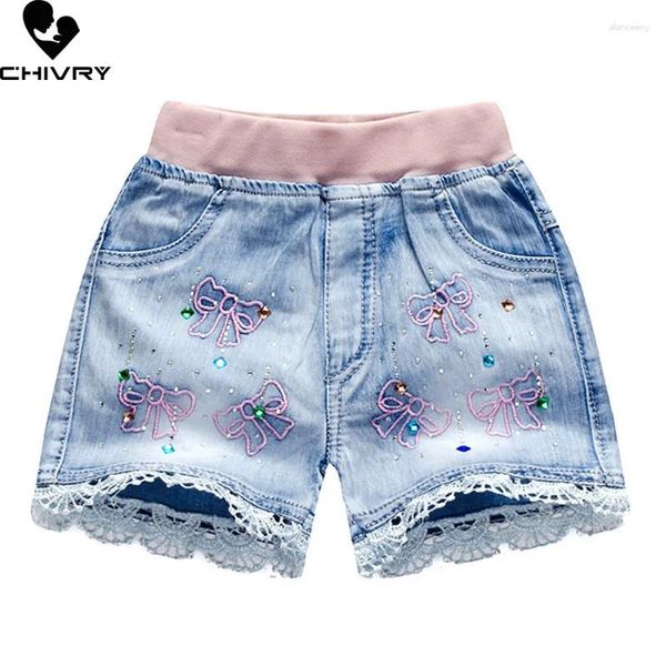 Shorts 2024 enfants filles été Denim bébé mignon dessin animé broderie lacé Jeans décontractés pantalons courts vêtements