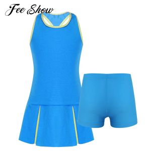 Shorts 2pcs Kids Girls Summer Sport Running Gym Tennis Badminton Pak Mouwloze open bovenrug Sportjurk en shorts Sets Sportswear