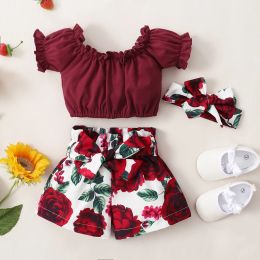 Shorts 3 stks/set zomer pasgeboren babymeisjes korte mouw top t shirt bloemen shorts set 3 6 9 12 18 24 maanden 3 jaar lounge set outfits