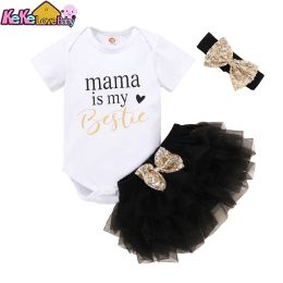 Shorts Baby Girl Deset Cute Mama's is bestie infant peuter kleding tops Lace Tutu shorts hoofdband zomer 3 stcs pasgeboren outfits