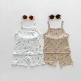 Shorts babymeisjes retro bloemen sling t -shirt pak meisje mouwloze casual vest tops en shorts set ademende katoen 2pc huiskleding