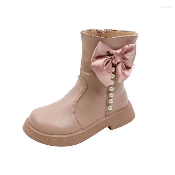 Pantalones cortos Bowknot Kids Black Botas hasta la rodilla Pearl Girl Botines impermeables Fashion Chunky Children Pink