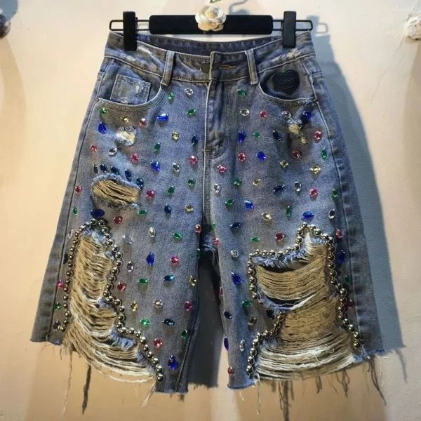 Shorts Diamant Perlé Denim Genou Longueur Pantalon Femme 2023 Été Nouveau Lâche Taille Haute Minceur Midpants Jeans Femmes Vêtements Pantalones