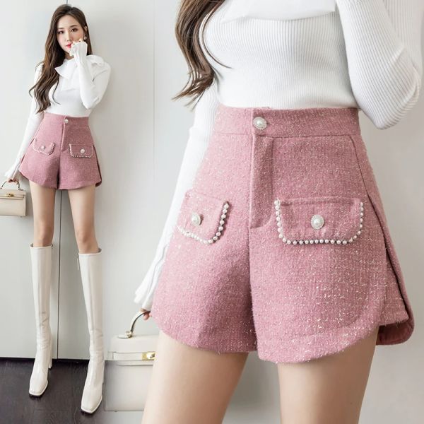 Shorts Élégant Tweed Shorts pour femmes perles perles fausse poche coréen femmes Shorts rose blanc noir laine Shorts femmes jambe large fente