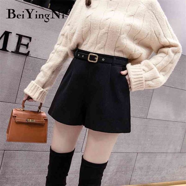 Short femme automne hiver épais chaud jambe large femmes avec ceinture ample tout match poche Vintage taille haute court 210506
