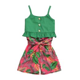 Shorts Girl Suit Summer NUEVO Ropa para bebés Conjuntos Fashion Casual Sling Vest Top + Impresión Shorts 2 piezas Traje de vacaciones Copa de vacaciones 16 Y