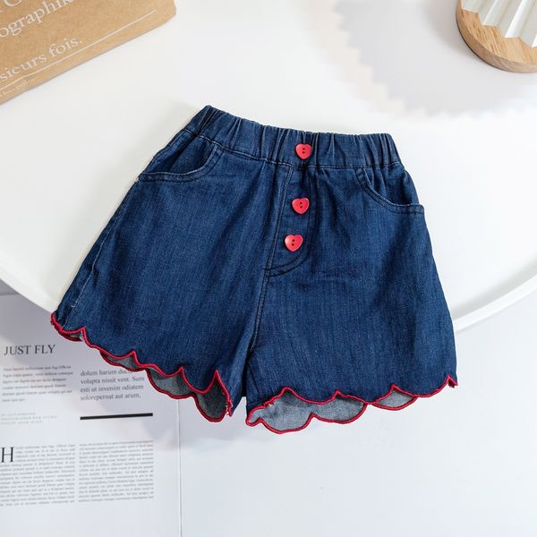 Shorts Filles Denim 2023 Été Bébé Fille Rouge Amour Jeans Pétale Pantalon Enfants Tendance Coréenne 230327