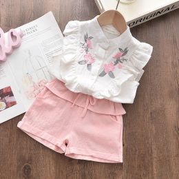 Shorts Girls Broidered Sans mangers chemise + short twopiece costume Summer Cute Flower Vêtements de 38 ans