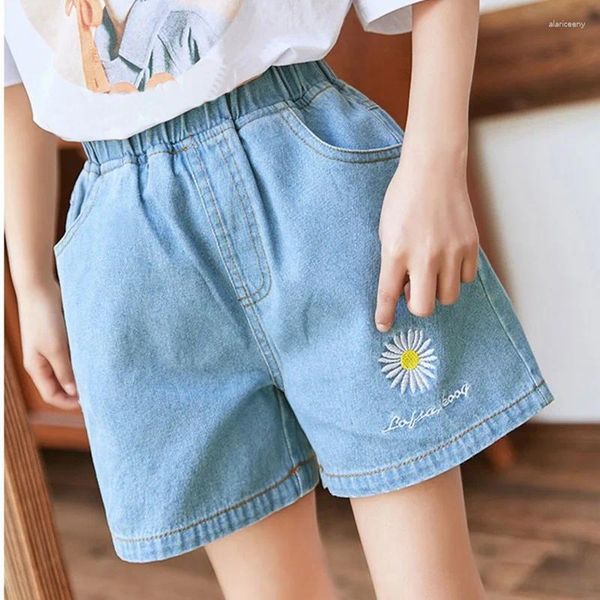 Shorts d'été en coton pour filles, Jeans fins pour grands enfants, pantalons courts, mode, couleur Pure, Denim, taille élastique cassée, 8 à 12 ans