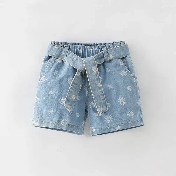 Jeans d'été en coton coréen pour filles, short imprimé, ample, taille élastique, décoration de ceinture de styliste pour enfants, 2024