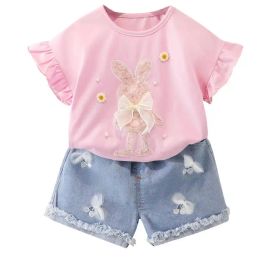 Shorts Girls Summer Clothes Set Shirts Denim Shorts 2 pièces Coton Cartoon Fashion Suit For Children Kids New Baby Toddler Wear 04y