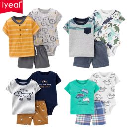 Shorts iyeal pasgeboren babyjongens set 2022 zomer katoen korte mouw tops+romper+shorts 3 stcs baby peuter meisje kleding outfits