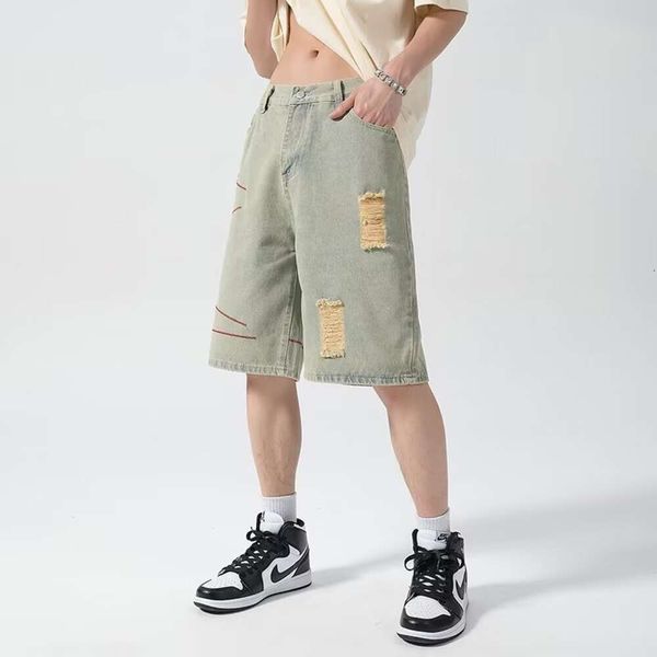 Shorts, jeans, tendance de conception de couture personnalisée 2023 pour hommes, sensation de détresse, style High Street Vibe avec pantalon cinq pièces