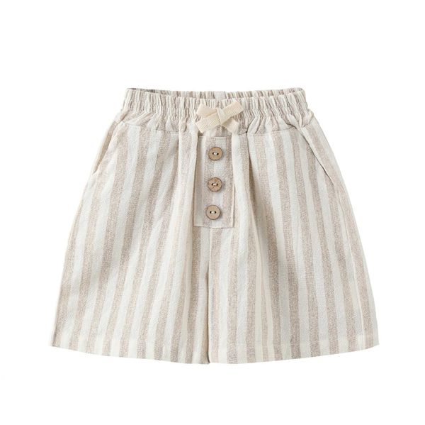 Shorts Khaki Striped Baby Boys Pantalon court avec ceinture de la ceinture de la ceinture pour enfants pantalons lâches décontractés Pantalons de plage d'été 1 à 6 ans H240425