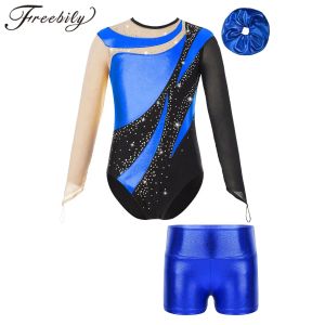 Pantalones cortos para niñas ballet dance traje de baile de manga larga legardo brillante leotardo brillante con pantalones cortos metálicos gimnasia rítmica monstruos