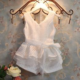 Shorts Kids Girls Clothing Set Baby Whitepurle Plaid Casual Bow Elastic Taille Short Pants Children Outfits Summer 230412