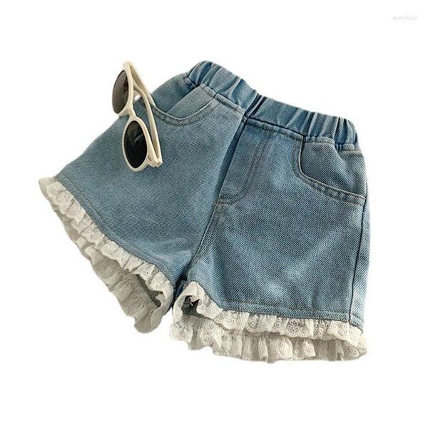 Shorts en jean pour enfants filles, mode dentelle, nœud floral, taille élastique, Denim, vêtements d'été fins pour enfants filles de 3 à 13 ans