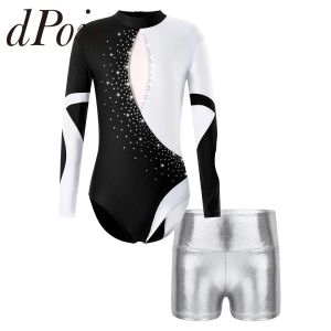 Pantalones cortos para niños chicas manga larga ballet ballet gimnasia leotard con pantalones cortos de cintura alta y metálicos brillantes para gimnasia de baile monstruos