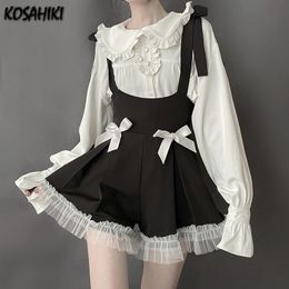 Shorts KOSAHIKI Style japonais gothique Lolita ensembles Girly doux Kawaii arc Tulle Patchwork Shorts pantalon blanc Blouse femmes tenues mignonnes