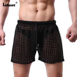 Shorts ladiguard sexy heren mannen uitgehold shorts 2022 Europese stijl casual strand korte broek vast zwart grijs losse drawstring halve pantsl2405