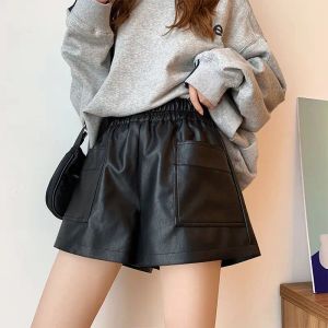 Shorts en cuir poches d'automne streetwear femmes pantalons courts à jambe large slim fit y2k élégant coréen élastique à sweats à capuche shorts
